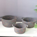 Three-piece gray woven cotton rope storage baskets with wave pattern and handles - Rainbow Gray (Small)