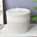 Handcrafted cotton rope storage basket with lid in white and grey woven design - White + Black Line Straight Style with Lid (40.5*35.5cm)