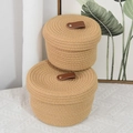 Set di 2 cesti portaoggetti in corda di cotone con coperchi e manici in pelle marrone - Piccolo e Grande / Combinazione Coperchio Cilindrico (32652)