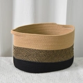 Three-tone woven cotton rope storage basket with ergonomic handles and round design - White Striped
