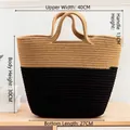 Detail view of woven tote bag with dimensions: 40cm top width, 30cm height, 27cm base length - Khaki and Black Patchwork