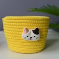 Yellow cotton rope woven basket with cute cartoon cat patch for desk storage - Ginger Yellow Cat Style