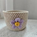 Handwoven cotton rope basket with natural twill pattern and purple flower decoration - Twill Purple Flower Style