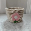 Handwoven small cotton rope storage basket in beige with a pink crochet flower detail - Beige Brown Pink Flower Style