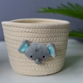 Handwoven beige cotton rope storage basket with a cute grey plush elephant decor for nursery - Beige Elephant Style
