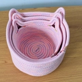 3-piece set of pink cotton rope woven cat-ear baskets with colorful zigzag stitching - Small / Pink Rainbow Cat