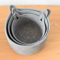 Three-piece set of gray cotton rope woven storage baskets with cute cat ear handles - Small / Grey Rainbow Cat