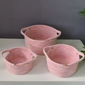 Pink cotton rope woven storage baskets set of 3 with colorful wave stitching handles - Rainbow Pink (Small)