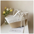 Close-up of woven tote bag with lace bow detail and stylish color-block design - White and Khaki