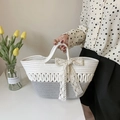 Minimalist hand-woven rope tote bag with lace bow for women in white and gray colors - Grayish White