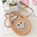 Borsa a mano rotonda in paglia con smiley di strass e doppi manici marroni - Cachi