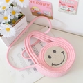 Sac bandoulière rond tissé rose avec visage souriant en strass et bandoulière en corde - Rose