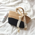 Contrast woven tote bag in khaki and black featuring a large white lace bow accent - Khaki Black
