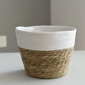 Cesto per piante cilindrico fatto a mano in erba marina e cotone bianco con fodera - S (Bocca 15cm Altezza 12cm) / Bianco