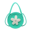 Green knit circular handbag with white beaded flower and shoulder strap for women - Green