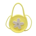 Cute yellow round woven handbag featuring a large white pearl flower decoration - Yellow