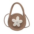 Round khaki woven handbag with pearl flower detail and crossbody strap for women - Khaki