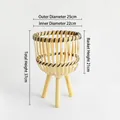 Small bamboo plant stand with woven basket on three wooden legs, 37cm height - Striped Small