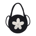 Cute black knitted round shoulder bag featuring a white pearl flower and top handle - Black