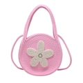 Mini sac rond rose tissé à la main avec fleur en perles blanches et centre en strass - Rose
