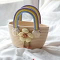 Handwoven cream cotton rope handbag featuring a 3D yellow flower and rainbow handle - 28*15 / Rice White Rainbow