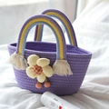 Purple woven cotton rope handbag with rainbow handle and decorative yellow sunflower - 28*15 / Purple Rainbow