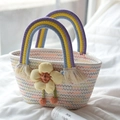 White woven cotton rope handbag with rainbow handles and yellow plush flower decor - 28*15 / Multicolor Line Rainbow