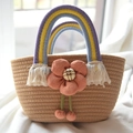 Handmade straw bucket bag with rainbow rope handles and a large orange flower charm - 28*15 / Khaki Rainbow