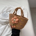 Woven cotton rope handbag with pink floral decor and colorful pom-poms on handles - 28*15 / Colorful Dot Twist Khaki