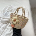 Beige cotton rope handbag with yellow flower and colorful pom-poms accents - 28*15 / Colorful Dot Twist Beige