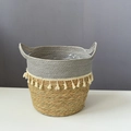 Handwoven grey and natural straw basket with decorative tassels and waterproof lining - D25*H22 B20 / Tassel Double Ear Gray