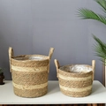 Set di due cesti portaoggetti intrecciati in stile pastorale con manici e fodera - Piccolo 25*20 / Corda di Mais E Paglia Intrecciata