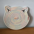 Cat-shaped round woven placemat with colorful spiral stitching and durable cotton rope - White Cat Mat with Colorful Stitches