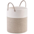 Grote geweven katoenen opbergmand in wit en kaki patchwork met handvatten - 38x50cm / Wit en Bont Bruin (Recht)