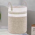 Round cotton rope storage basket with dual handles in white and coffee color design - 38x50cm / White and Variegated Brown (Double Stripe)