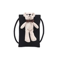 Cute black straw woven shoulder bag with a small beige knit bear and brown bow decoration - Black