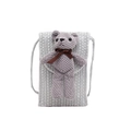 Light gray woven straw shoulder bag featuring a cute crochet bear with brown bow - Gray