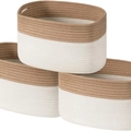 Driedelige set ovale katoenen touwmanden in tweekleurig bruin en roomwit - 38x25x23cm / Bruin en Wit