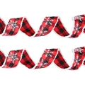 Detail von rot-schwarz kariertem Weihnachtsband mit Schneeflocken und weißem Fellrand - 6m Schneeflocke Weihnachtsband (4cm Breit)
