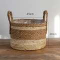 Handwoven straw planter basket with handles, striped design, size 25x20cm with liner - Double Handle M Style Small Diameter 25