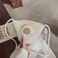 Straw crossbody bucket bag with white daisy decoration and colorful woven pattern - Daisy Decor Multicolor