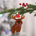 Brown reindeer felt Christmas tree ornament with festive red hat and green plaid bow - Christmas Reindeer