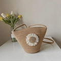 Light coffee straw bucket bag with white daisy flower and slim shoulder strap - Daisy Decor Khaki