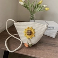 Straw flower woven bucket bag in cream white with sunflower and pumpkin charms - Sunflower Decor Beige