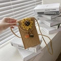 Sac de téléphone en paille tressée avec fleur de tournesol et glands colorés - Kaki (Style Tournesol)