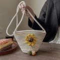 White woven bucket bag with yellow sunflower and colorful wavy patterns for summer - Sunflower Decor Multicolor