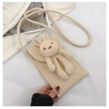 Handmade cream woven crossbody phone bag with cute 3D bunny ornament for beach vacation - Beige (Bear Style)