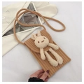 Handmade camel woven crossbody phone bag with cute 3D plush bunny and cord strap - Khaki (Bear Style)