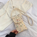 Mini straw woven phone bag in cream white with colorful pom poms and pearl button - Off-white with Pearl & Colorful Poms