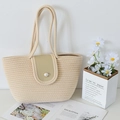 Bolso de mano tejido beige de cuerda de algodón con hebilla de perlas y estilo paja - 40x25cm / Blanco Roto